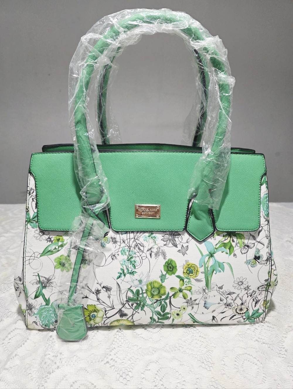 Michael Kors Style Green Floral Satchel Tote Bag NWT Structured Handbag